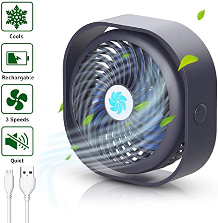 Battery Operated Fan Small,Fvntuey Rechargeable Small Desk Fan by USB,Personal Portable Small Table Fans with 3 Speed Strong Wind,Quiet Operation,Mini Square Fans for Home Office Outdoor Travel (Blue)