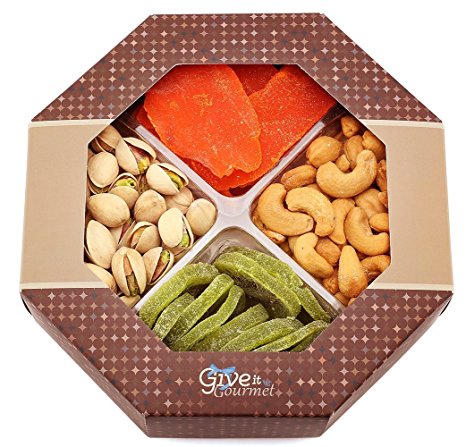 GIVE IT GOURMET, Assorted Dried Fruits and Nuts Holiday Gift Basket (4 Section) - Variety of Delicious Dried Mango, Kiwi, Roasted Salted Pistachios, Cashews - | Medium Healthy Gift Tray.