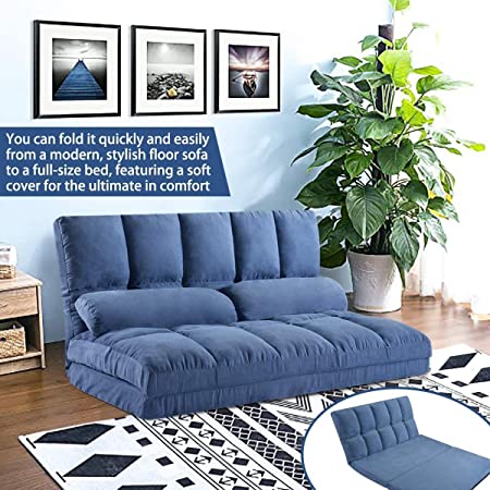 Merax Floor Sofa Bed, Fold-able Sofa Couch, 5-Position Reclining Folding Sofa Floor Couch with 2 Pillows (Blue)