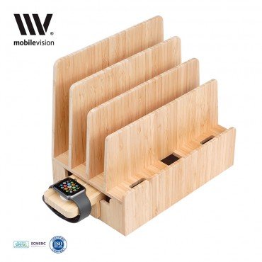 MobileVision Slim Bamboo Charging Station & Apple Watch Adapter COMBO Multi Device Organizer for Apple Watch, Smartphones, Tablets, Laptops, and more