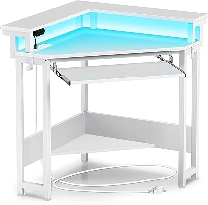 Rolanstar Corner Desk, 44.5"W x 34.5"H Small Computer Desk with Power Outlets & LED Lights, Triangle corner computer desk with Keyboard Tray & Monitor Stand for Small Space, Small Office Desk, White