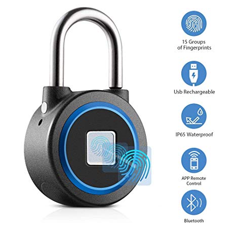 Fingerprint Padlock - Smart Bluetooth Keyless Biometric Lock for Gym, Locker, Outdoor Door, Backpack, Luggage Suitcase, Bike, Office, IP65 Waterproof, USB Charging
