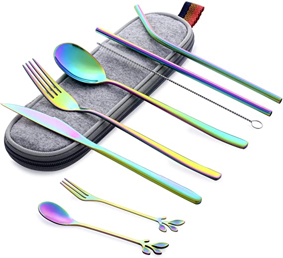 Portable Utensils Set with Case, Reusable Office Flatware Silverware Set, Healthy & Eco-Friendly 9pc Stainless Steel Knife Fork Spoon Fruit Fork Dessert Spoon Cleaning Brush Metal Straw Portable Case