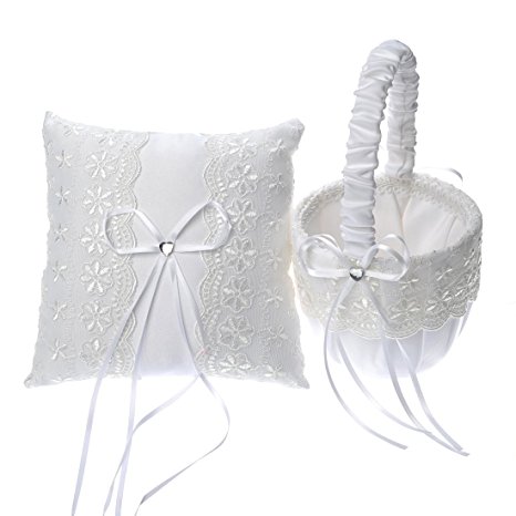 Remedios Boutique 2-piece Set of Satin Flower Girl Basket and Ring Bearer Pillow in White with Lace Detail