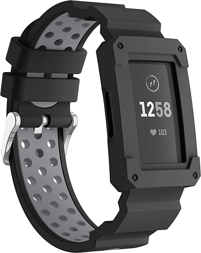 GOSETH Compatible with Fitbit Charge 4/Fitbit Charge 3 Bands with Case, Silicone Strap with Shatter-Resistant Protective Frame for Fitbit Charge 3/SE/Charge 4 and Special Editions (Black&Grey)