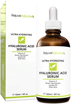 Hyaluronic Acid Serum [LARGE 4-OZ Bottle] Ultra-Hydrating Face Moisturizer. Anti Aging Anti Wrinkle with Vitamin C, E, Jojoba & Aloe. Plumps & Hydrates for Dry Skin & Fine Lines by RejuveNaturals
