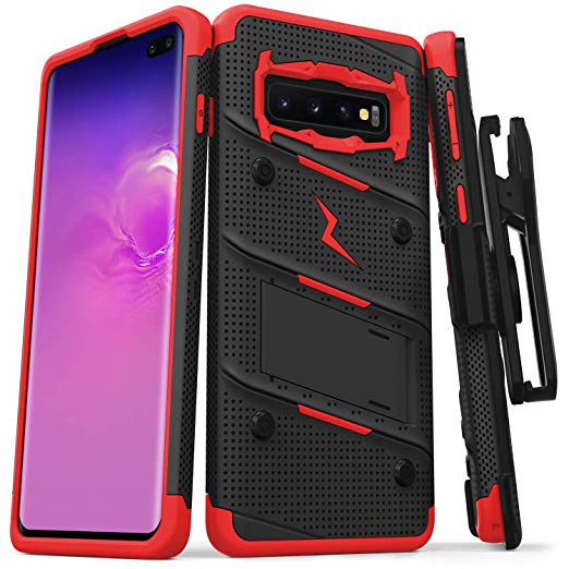 Zizo Bolt Series Compatible with Galaxy S10 Plus Case Military Grade Drop Tested with Built in Kickstand Holster Black Red