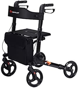 COSTWAY Lightweight Folding Rollator Walker with Seat, Dual Safety Brake, Adjustable Height, 4 Wheels Mobility Aids with Cane/Umbrella Holder & Removable Storage Bag (Black)