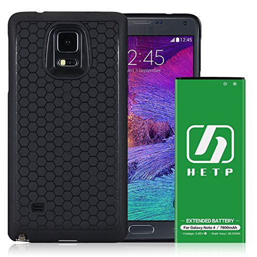 Galaxy Note 4 Extended Battery | HETP [7800mAh] Li-Ion Battery with TPU Soft Case & Black Back Cover for Samsung Galaxy Note 4 (Up to 2.3X Extra Battery Power)-18 Month Warranty