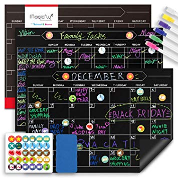 Magnetic Behavior Chalkboard Rewards Chore Chart and Dry Erase Calendar Set, 12 x 17 Inch Reusable Responsibility Refrigerator Reward Incentive Magnets for Multiple Kids with Markers and Icons