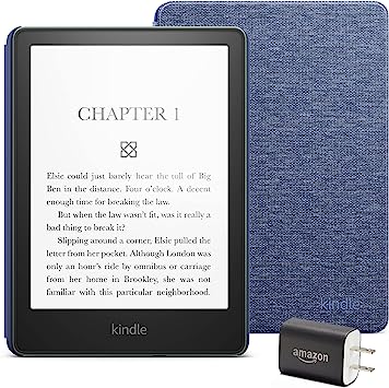 Kindle Paperwhite Essentials Bundle including Kindle Paperwhite (16 GB) - Agave Green, Fabric Cover - Denim, and Power Adapter