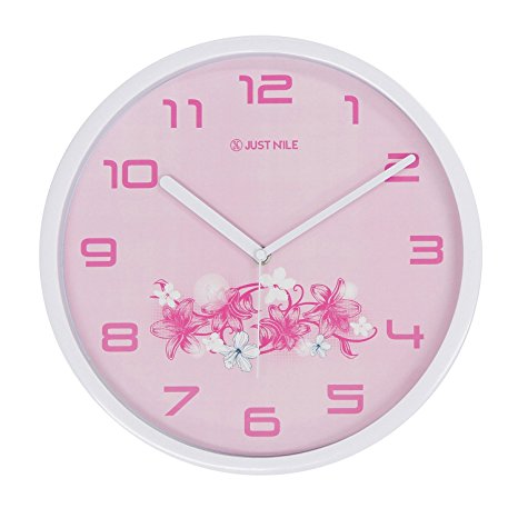 JustNile Silent Modern Creative Wall Clock - 13-inch Pink Flowers