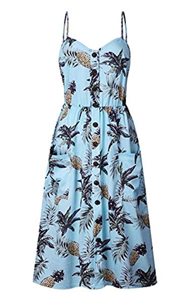 Angashion Women's Dresses-Summer Floral Bohemian Spaghetti Strap Button Down Swing Midi Dress Pockets