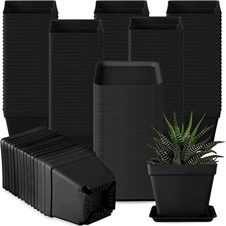 100 Pieces 4 Inches Square Plants Nursery Pot Plastic Plant Seedling Pots Flower Pots Nursery Transplanting Planter Container with Saucer for Indoor Herbs Succulents Balcony Garden Office (Black)