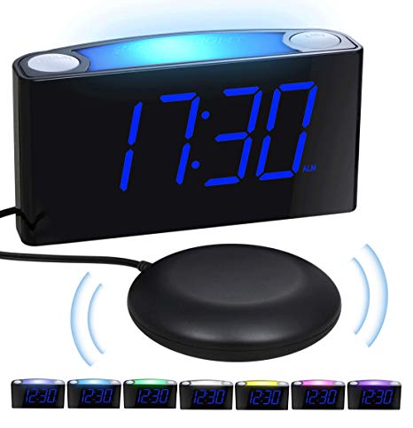 Loud Vibrating Alarm Clock Bed Shaker for Heavy Sleepers Deaf Seniors Kids, Bedrooms Home Kitchen Desk - Large Digital Display & Dimmer, Night Light, 2 USB Ports, Easy Set, 12/24 H DST, Battery Backup