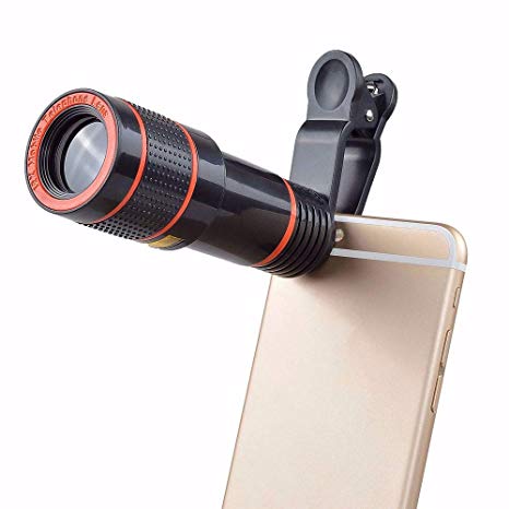 Phone Camera Lens, 12X Zoom Telephoto Lens for Smartphone 2 in 1 HD Dual Focus Monocular for Adults Clip on Telephone Lens Kit (Black)