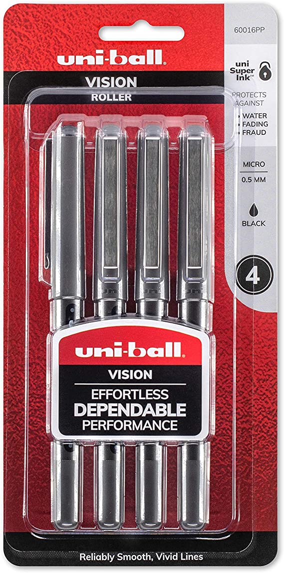 uni-Ball Vision Rollerball Pens, Micro Point (0.5mm), Black, 4 Count - New