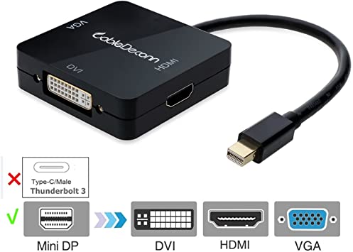 CableDeconn Mini Displayport (Thunderbolt Port Compatible) to HDMI DVI VGA 3 in 1 Adapter Cable Converter