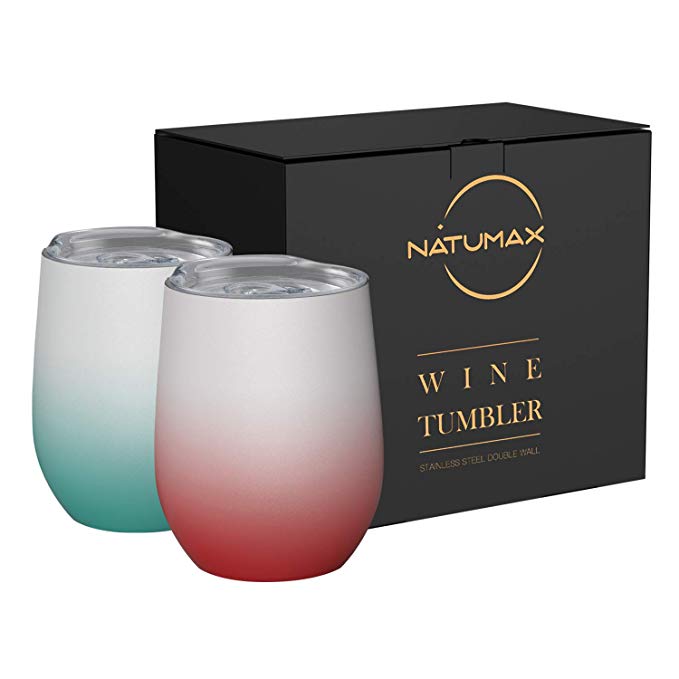 12 oz Insulated Wine Tumblers with Lid, Stainless Steel Stemless Wine Glasses Double Wall Vacuum Travel Tumbler Cup for Coffee, Drinks, Champagne, Beverage, Set of 2