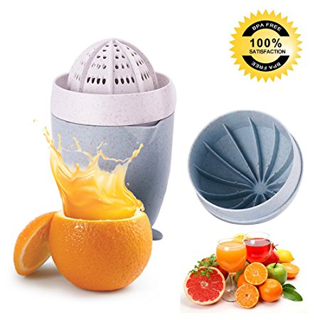 Manual Juicer,BWORPPY Portable Mini lid Rotation Hand Juicer for Orange Lemon Citrus with Strainer and Container (Blue)