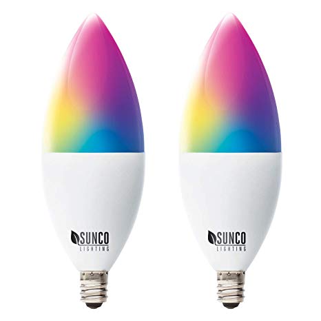 Sunco Lighting 2 Pack WiFi LED Smart Bulb, B11 Candelabra, 4.5W, E12 Base, Color Changing (RGB & CCT), Dimmable, Compatible with Amazon Alexa & Google Assistant - No Hub Required