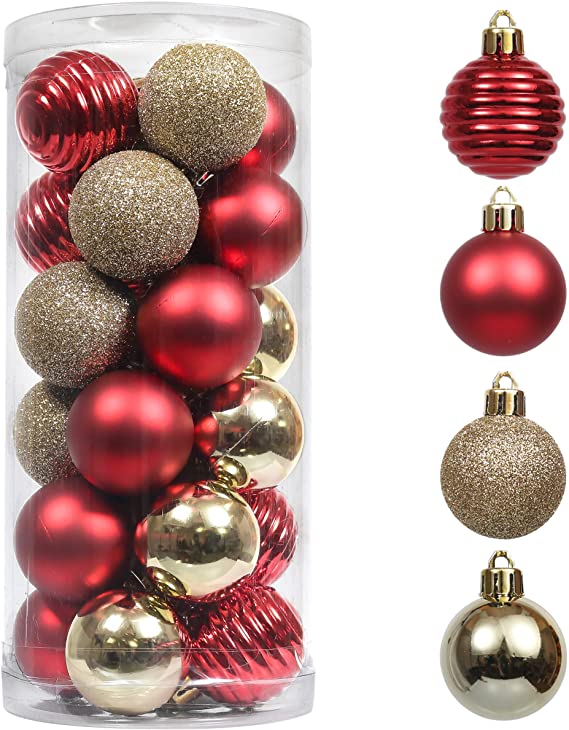 Valery Madelyn 24ct 40mm Luxury Red Gold Christmas Ball Ornaments Decoration, Shatterproof Plastic Small Xmas Christmas Tree Ornaments Balls, Themed with Tree Skirt (Not Included)