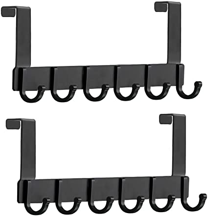 HILELIFE Over The Door Hooks for Clothes - 2 Pack Aluminum 6 Hooks Over The Door Hanger, Sturdy Over Door Hooks for Hanging Coat/Bag/Robe/Hat/Scarf (Black)