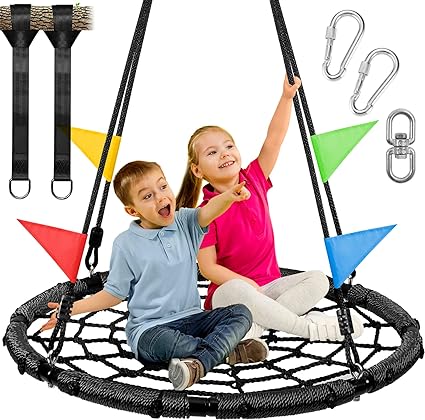 Odoland Spider Web Tree Swing, Outdoor Saucer Net Swing, 900D Oxford Platform Swing for Kids Adult, Backyard Round Flying Swing with Hanging Ropes Straps and Turnbuckle 30in Black