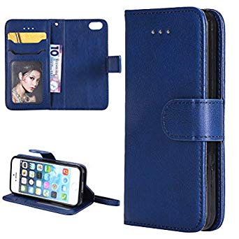 iPhone SE Case, iPhone SE Case, Pure Blue Kickstand Feature Stand Wallet Purse Credit Card Holders Design Flip Folio PU Leather Soft TPU Inner Bumper Ultra Slim Fit Cover for iPhone SE 5 5S