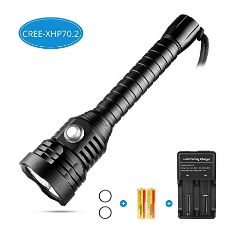 Sondiko Diving flashlight, 5000 lumen CREE-XHP70.2 Super Bright 100M Underwater Scuba Diving Light with Rechargeable Batteries and Charger