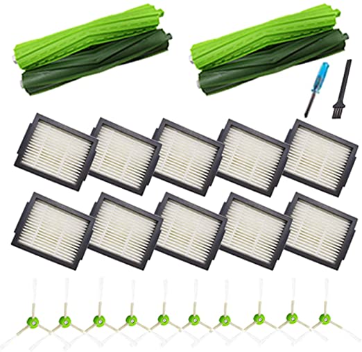 YOKYON Replacement Parts Kit for iRobot Roomba i7 i7  i3 i3  i6  Plus E5 E6 Vacuum,Including 2 Set of Multi-Surface Rubber Brushes & 10 High-Efficiency HEPA Filters & 10 Edge-Sweeping Side Brushes