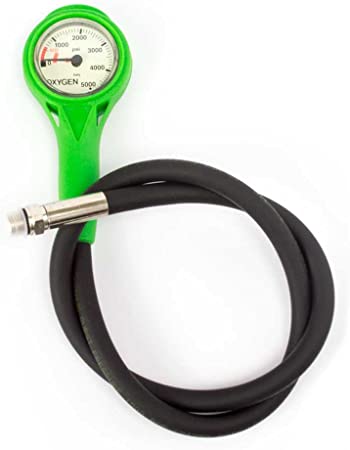 Sopras Sub High Pressure Oxygen Gauge 1.5 inch Imperial 0-5000 PSI SPG with Green Hose Scuba Diving Technical Diving Deco