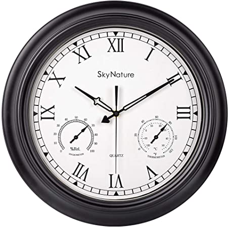 Large Outdoor Clock, 18 Inch Waterproof Clock with Temperature and Humidity Combo, Silent Battery Operated Roman Numerals Clock for Living Room, Patio, Garden, Pool Decor - Metal, Matte Black