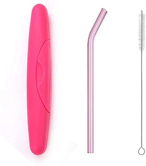 Glass Drinking Straw 200mm 10mm with Private Solid Box Protective Carrying Case Holder and Cleaning Brush Set Perfect for Home, Office or Gift Healthy, BPA Free, Eco Friendly Reusable (Rose red)