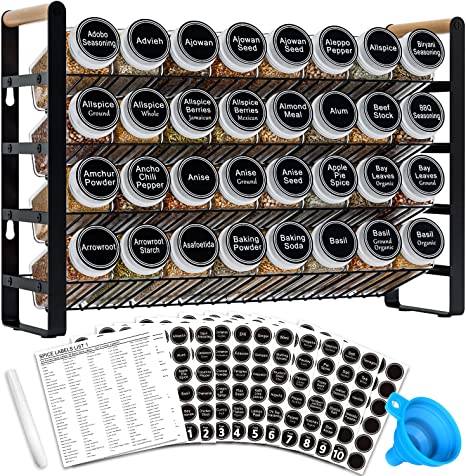 AHNR 4 Tier Spice Rack Organizer with 32 Spice Jars, 396 Spice Labels, Chalk Marker and Funnel Complete Set for Cabinet, Countertop or Wall Mount