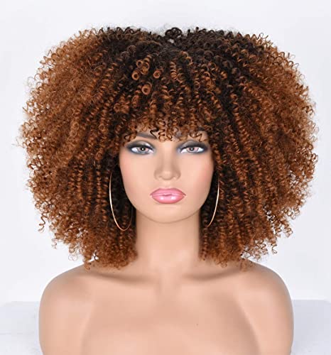 14inch Afro Kinky Curly Wig with Bangs for Black Women Ombre Brown No Glue Full and Fluffy like a Bomb Short Curly Hair Wigs