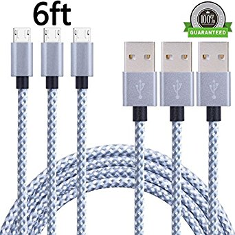 ONSON Android Charger Cable,3Pack 6FT Long Nylon Braided High Speed 2.0 USB to Micro USB Charging Cord Fast Charger Cable for Samsung Galaxy S7/S6/Edge,Note 5/4/3,HTC,LG,Nexus(Gray White)