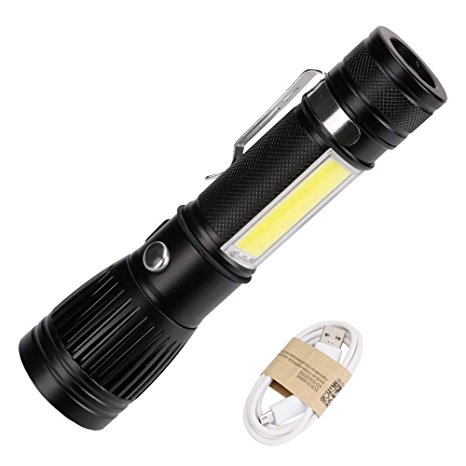 WindFire Super Bright Zoomable CREE XM-L T6 LED Flashlight With COB Lamp Work Light Aluminium Torch with Adjustable Focus Waterproof Outdoor 1800 Lumen Tactical Lantern 18650 Rechargeable Battery/AAA