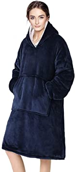 Wearable Blanket Oversized Hoodie Blanket with Hood Pocket and Sleeves Super Soft & Warm Blanket Sweatshirt for Women, Men, Adults and Kids ,One Size Fits All (Navy)