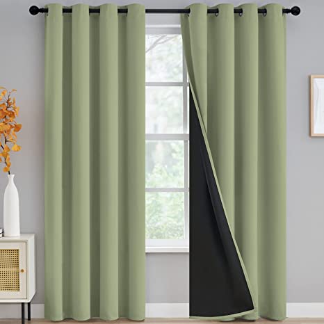 100% Blackout Curtains for Living Room, Thermal Insulated Blackout Curtains 84 inch Length Heat and Full Light Blocking Curtains Window Drapes for Bedroom with Black Backing, Sage, 2 Panels, W52 x L84