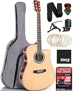 Pyle Full Size Acoustic Guitar Kit, Steel String Dreadnought Cutaway with Okoume Neck, Upgraded Gig Bag, Capo, Digital Tuner, 41" Glossy Natural