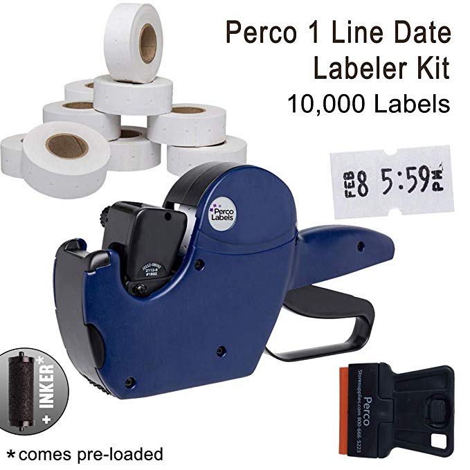 Perco 1 Line Date Label Gun Kit: Includes 8 Digits Date Gun Labeler, 10,000 Plain White Labels, and Preloaded Inker