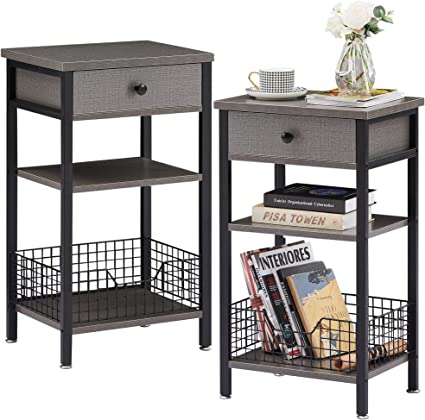 VECELO Tall Side End Tables,3-Tier Beside Stand with Storage Basket,Industrial Style for Couch Sofa,Living Room Bedroom Kitchen, Study,Stable Wood and Metal Frame,Set of 2,Hemp Gray