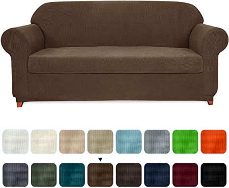 subrtex Sofa Cover 2 Piece Stretch Couch Slipcovers Furniture Protector for Armchair Loveseat Washable Soft Jacquard Fabric Anti Slip, Medium, Coffee