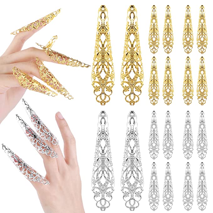 20 Pack Finger Nail Claw Rings Ancient Queen Costume Fingertip Claw Nail Rings Metal Finger Knuckle Claw for Halloween Vampire Nails Women Cosplay Costume Drama Dance Show