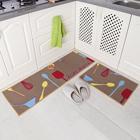 Carvapet 2 Piece Non-Slip Kitchen Mat Rubber Backing Doormat Runner Rug Set, Kitchenware Design (Brown 15"x47" 15"x23")