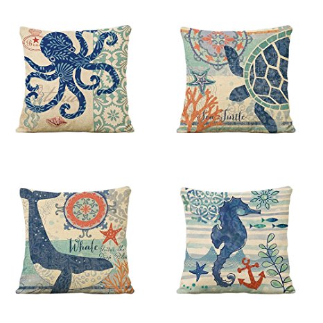 BPFY 4 Pack Mediterranean Style Home Decor Sofa Throw Pillow Case Set of 4 Cushion Cover 18 x 18 Inch Cotton Linen