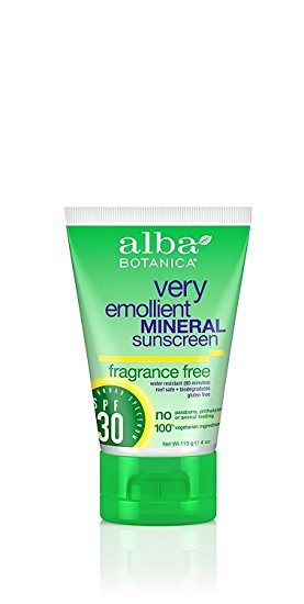 Alba Botanica Very Emollient, Fragrance Free Mineral Sunscreen SPF 30, 4 Ounce (Packaging May Vary)