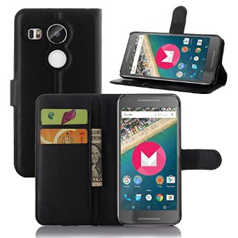 Nexus 5X Case, Nexus 5 2nd Gen Case, iPegtop Wallet Flip Leather Case Stand, Card Slots Pocket Folio Cover For LG Google Nexus 5X / Nexus 5 2nd Generation 2015 (Carbon Black)