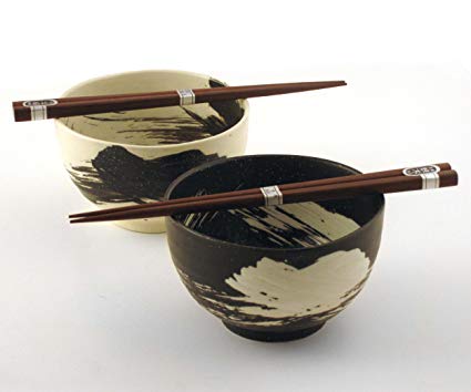 Japanese Stoneware Bowls with Chopsticks Gift Set, Brush Black and White